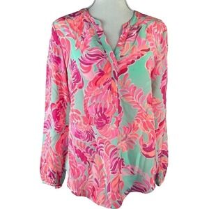 Lilly Pulitzer Stacy Blouse Top XS Silk Mint Green Pink Floral Pop Over